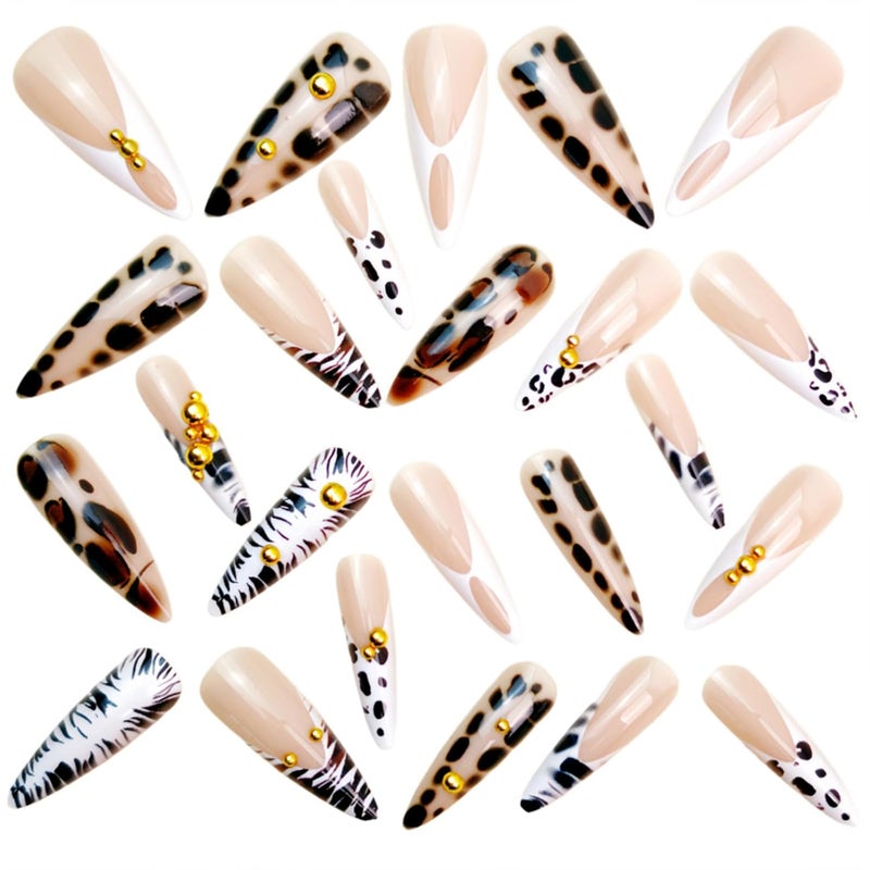 SINHOT Stiletto Press on Nails Long - Long Fake Nails, Glossy Finish, Zebra Stripes & Gold Chrome Pearls, DIY Artificial False Nail Art - 24 Pcs Nail Kit with Glue - Image 5